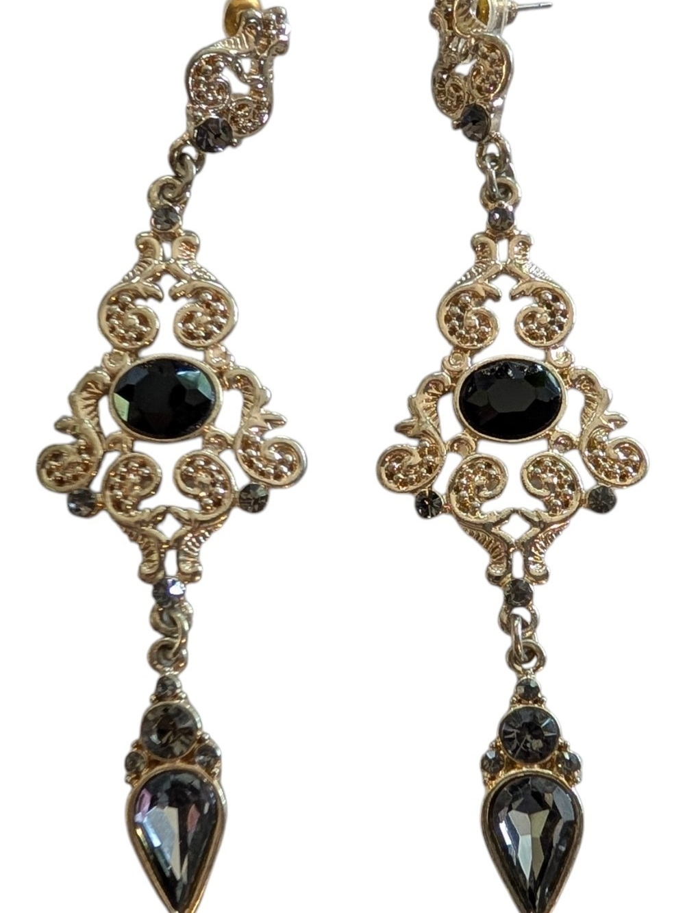 Gold Filigree Drop Earrings with Black Stones - Women Jewelry